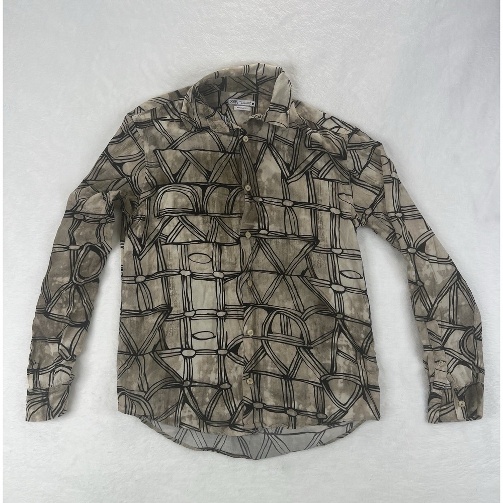Zara Men's Geometric Print Regular Fit Long Sleeve Sz Small‎ Tan/Black Viscose